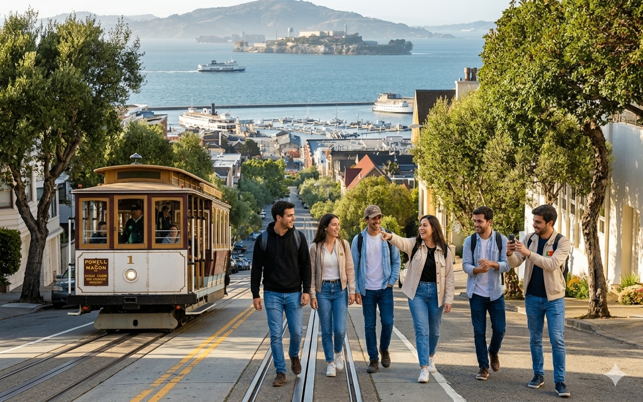 Portuguese founders walking alongside a San Francisco cable car with Alcatraz in the distance