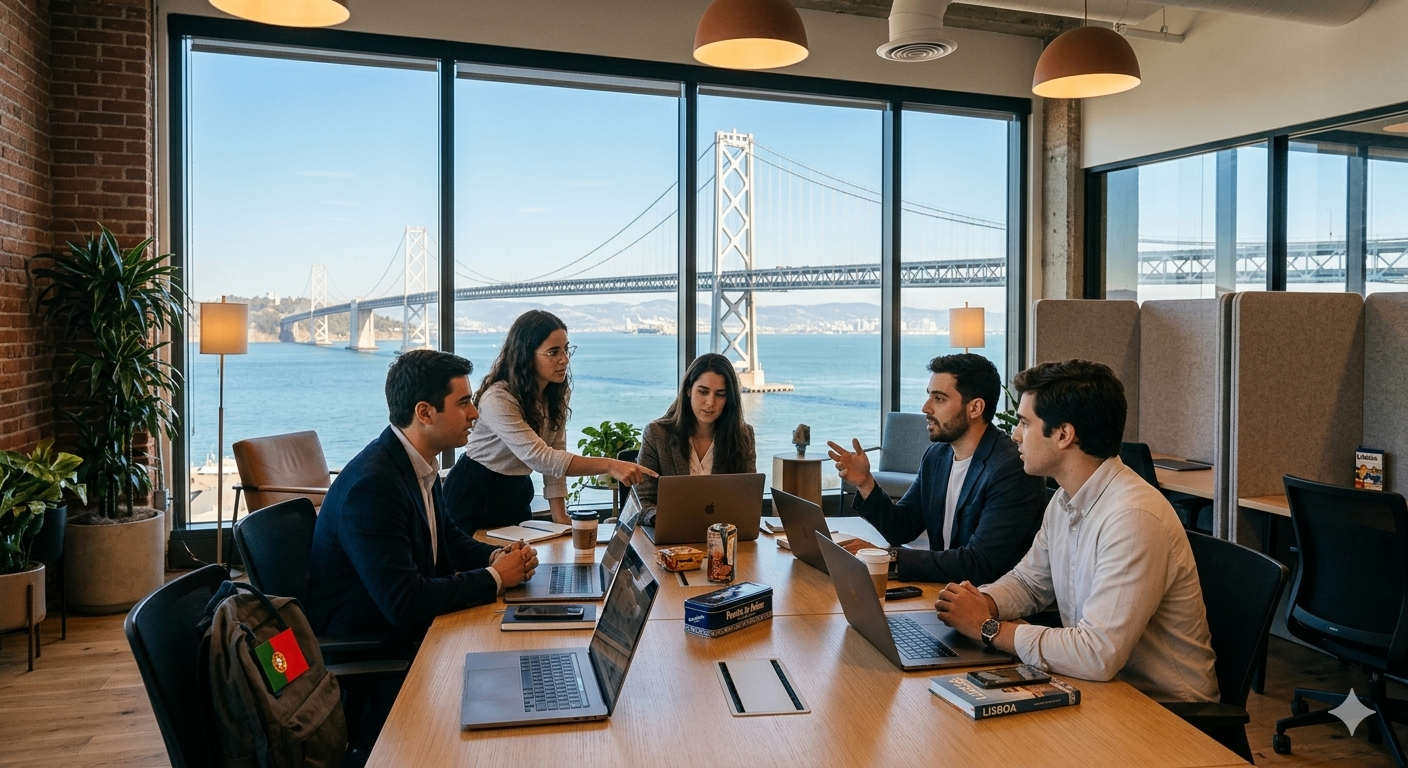 Portuguese founders working in a San Francisco office overlooking the Bay Bridge