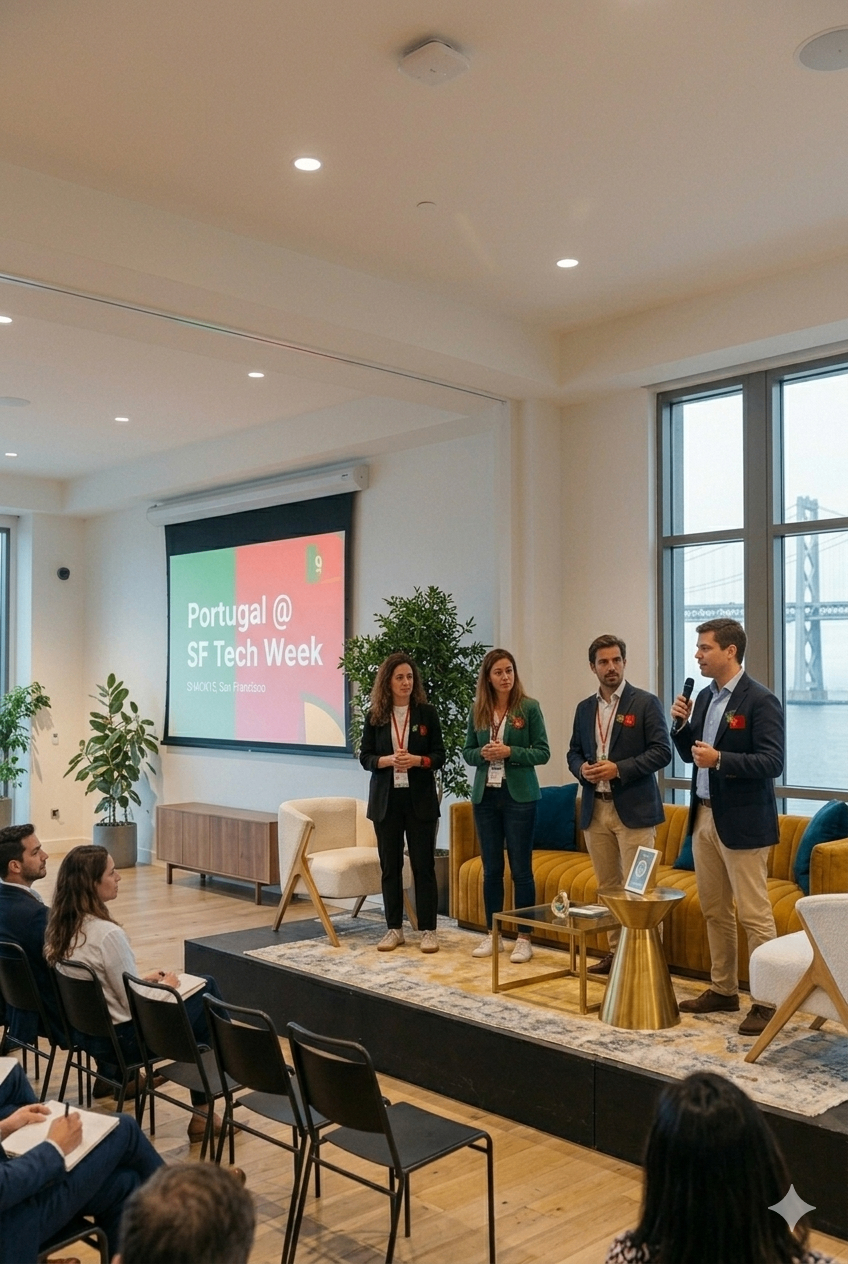RedBridge team presenting Portugal @ SF Tech Week on stage